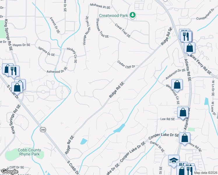 map of restaurants, bars, coffee shops, grocery stores, and more near 3881 Glenhurst Drive in Smyrna