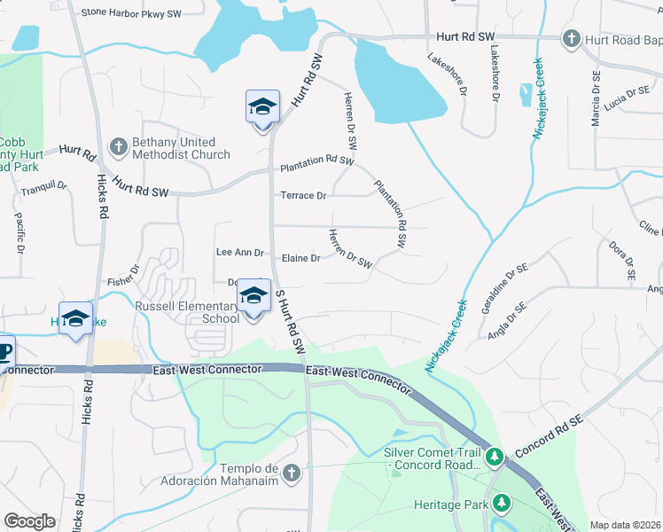 map of restaurants, bars, coffee shops, grocery stores, and more near 401 Elaine Drive in Smyrna
