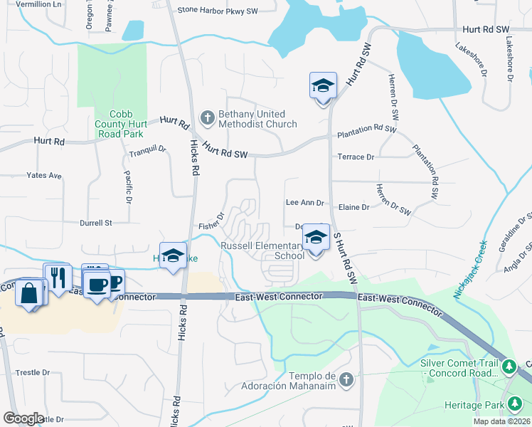 map of restaurants, bars, coffee shops, grocery stores, and more near 3835 Donald Road Southwest in Smyrna