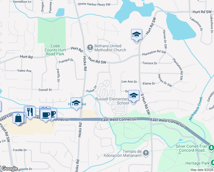 map of restaurants, bars, coffee shops, grocery stores, and more near 3844 Felton Hill Road in Smyrna