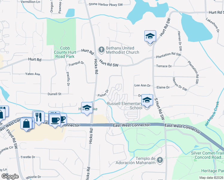 map of restaurants, bars, coffee shops, grocery stores, and more near 3844 Felton Hill Road in Smyrna