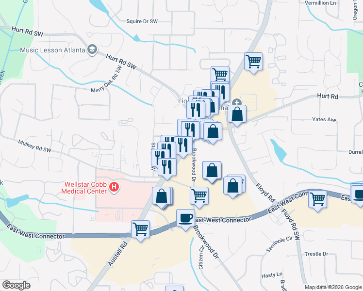 map of restaurants, bars, coffee shops, grocery stores, and more near 3800 Austell Road Southwest in Marietta