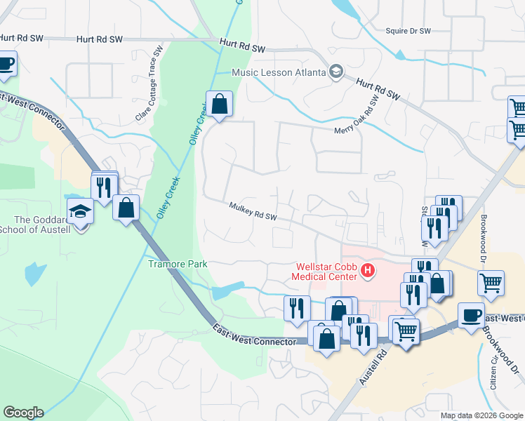 map of restaurants, bars, coffee shops, grocery stores, and more near 3876 Mulkey Circle Southwest in Marietta