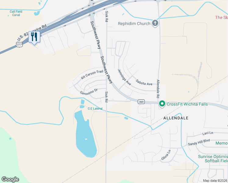 map of restaurants, bars, coffee shops, grocery stores, and more near 6625 Southwest Parkway in Wichita Falls