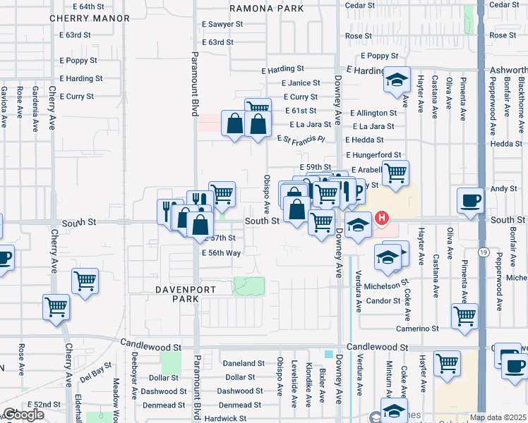 map of restaurants, bars, coffee shops, grocery stores, and more near 2920 East Hullett Street in Long Beach