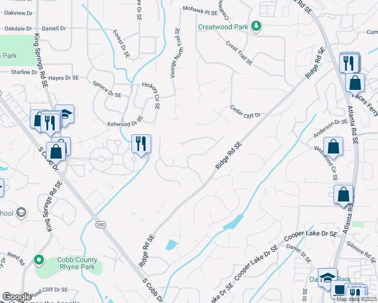 map of restaurants, bars, coffee shops, grocery stores, and more near 3921 Glenhurst Drive in Smyrna