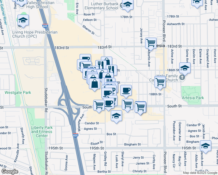 map of restaurants, bars, coffee shops, grocery stores, and more near 18711 Gridley Road in Cerritos