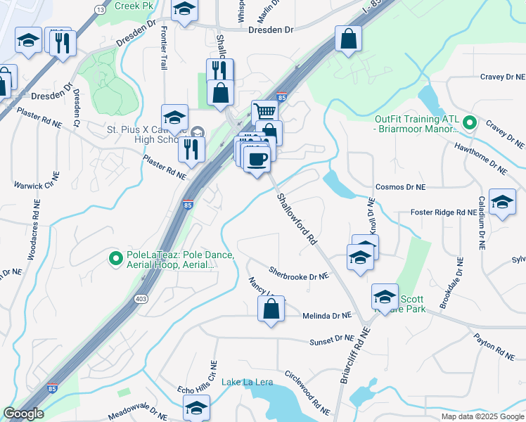 map of restaurants, bars, coffee shops, grocery stores, and more near 2500 Shallowford Road in Atlanta