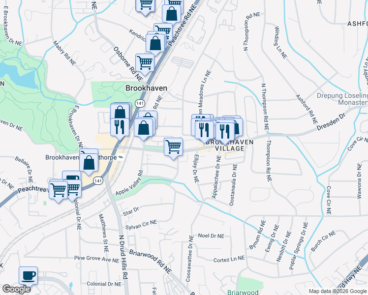 map of restaurants, bars, coffee shops, grocery stores, and more near 2610 Oglethorpe Circle Northeast in Atlanta