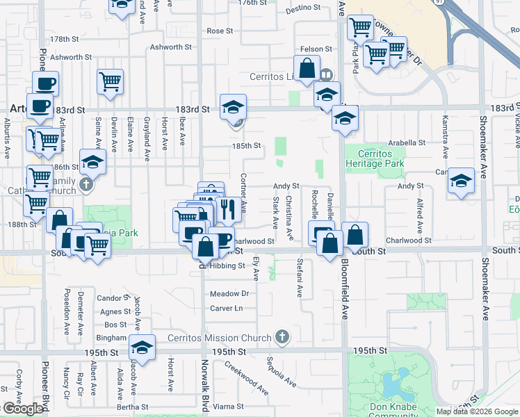 map of restaurants, bars, coffee shops, grocery stores, and more near 12361 Caravel Place in Cerritos