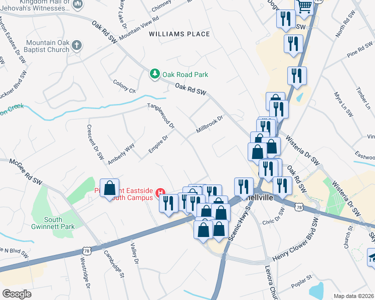 map of restaurants, bars, coffee shops, grocery stores, and more near 2117 Tanglewood Dr in Snellville