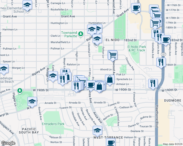map of restaurants, bars, coffee shops, grocery stores, and more near 713 Pruitt Drive in Redondo Beach