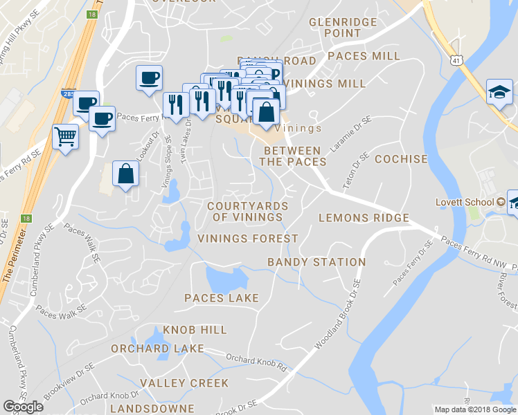map of restaurants, bars, coffee shops, grocery stores, and more near 3842 Courtyard Drive in Atlanta