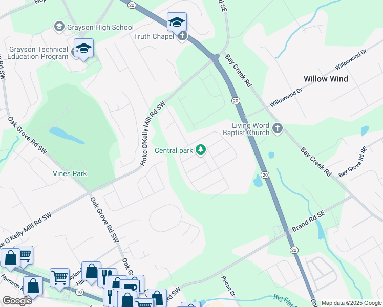 map of restaurants, bars, coffee shops, grocery stores, and more near 66 Cottontail Lane in Loganville