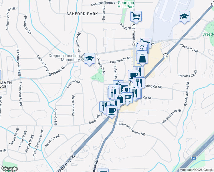 map of restaurants, bars, coffee shops, grocery stores, and more near 10 Skyland Terrace Northeast in Brookhaven