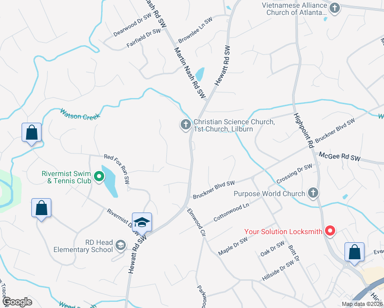 map of restaurants, bars, coffee shops, grocery stores, and more near 1698 Hewatt Rd SW in Lilburn