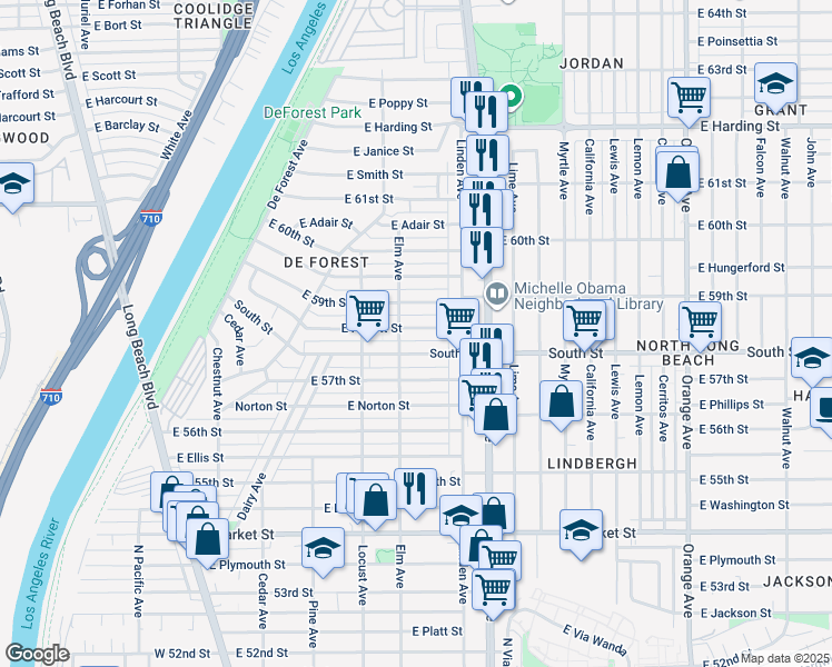 map of restaurants, bars, coffee shops, grocery stores, and more near 426 East Hullett Street in Long Beach