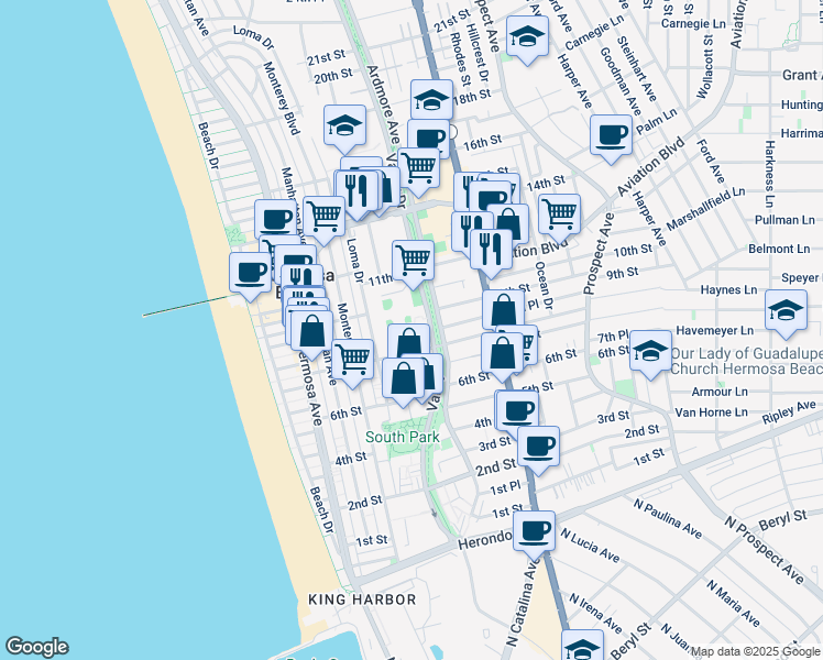 map of restaurants, bars, coffee shops, grocery stores, and more near 849 Bard Street in Hermosa Beach