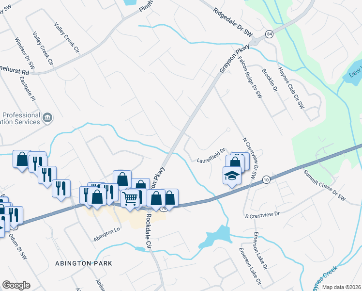 map of restaurants, bars, coffee shops, grocery stores, and more near 1531 Parkcrest Lane in Grayson