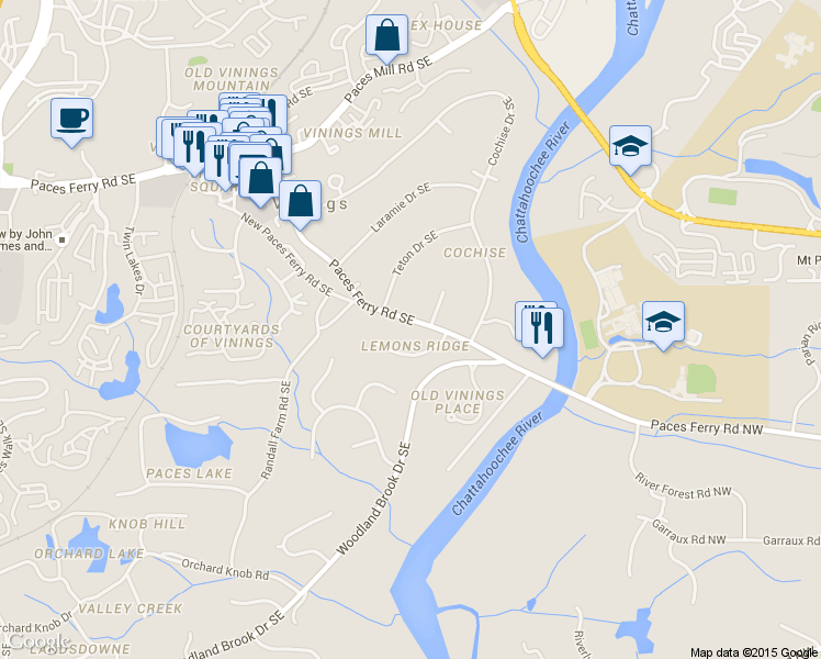 map of restaurants, bars, coffee shops, grocery stores, and more near 4230 Paces Ferry Road Southeast in Atlanta