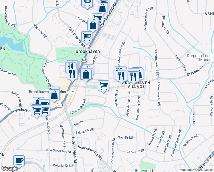 map of restaurants, bars, coffee shops, grocery stores, and more near 2610 Oglethorpe Circle Northeast in Atlanta