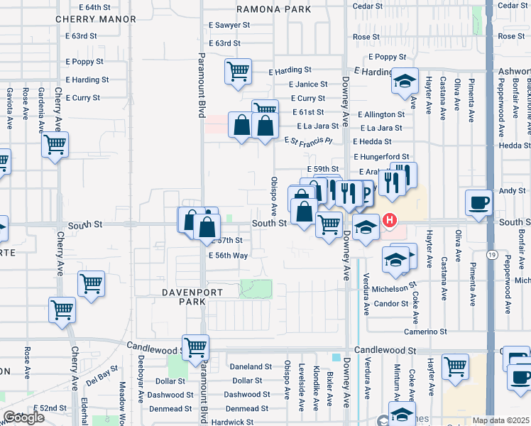 map of restaurants, bars, coffee shops, grocery stores, and more near 2920 East Hullett Street in Long Beach