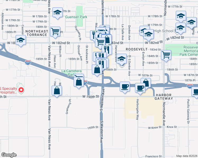 map of restaurants, bars, coffee shops, grocery stores, and more near 18655 South Western Avenue in Gardena