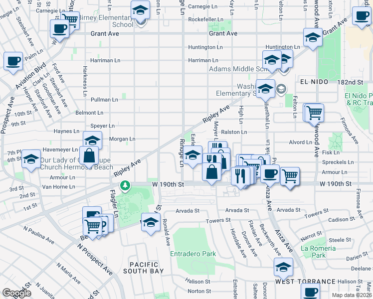 map of restaurants, bars, coffee shops, grocery stores, and more near 525 Earle Lane in Redondo Beach