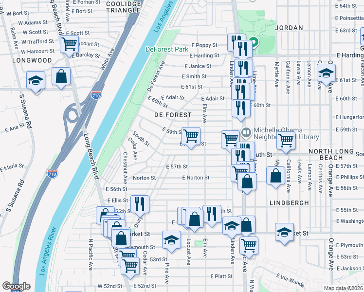 map of restaurants, bars, coffee shops, grocery stores, and more near 246 East Hullett Street in Long Beach