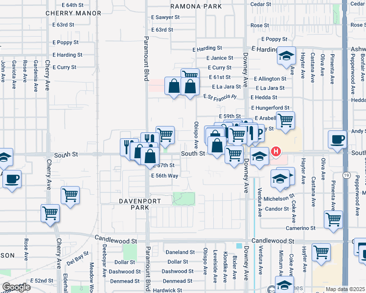 map of restaurants, bars, coffee shops, grocery stores, and more near 2920 East Hullett Street in Long Beach