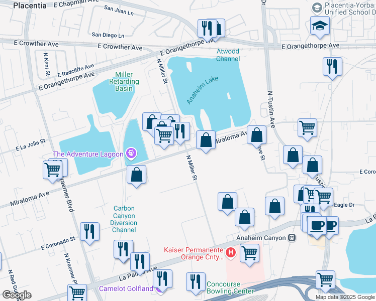 map of restaurants, bars, coffee shops, grocery stores, and more near 3400 East Miraloma Avenue in Anaheim