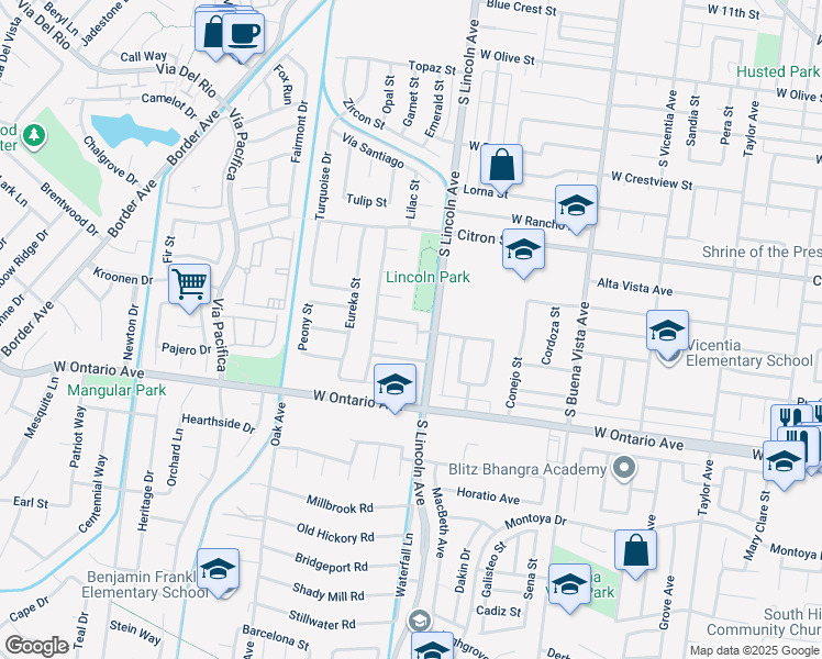 map of restaurants, bars, coffee shops, grocery stores, and more near 1116 Daffodil Street in Corona