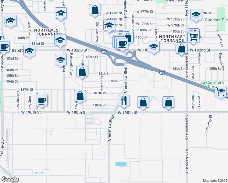map of restaurants, bars, coffee shops, grocery stores, and more near 3133 187th Place in Torrance