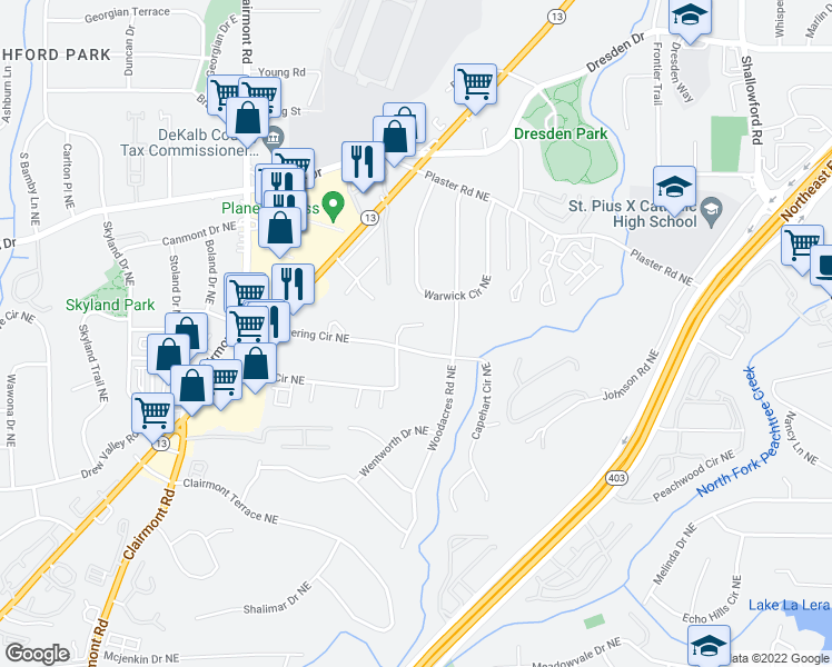 map of restaurants, bars, coffee shops, grocery stores, and more near 2579 Dering Court Northeast in Atlanta
