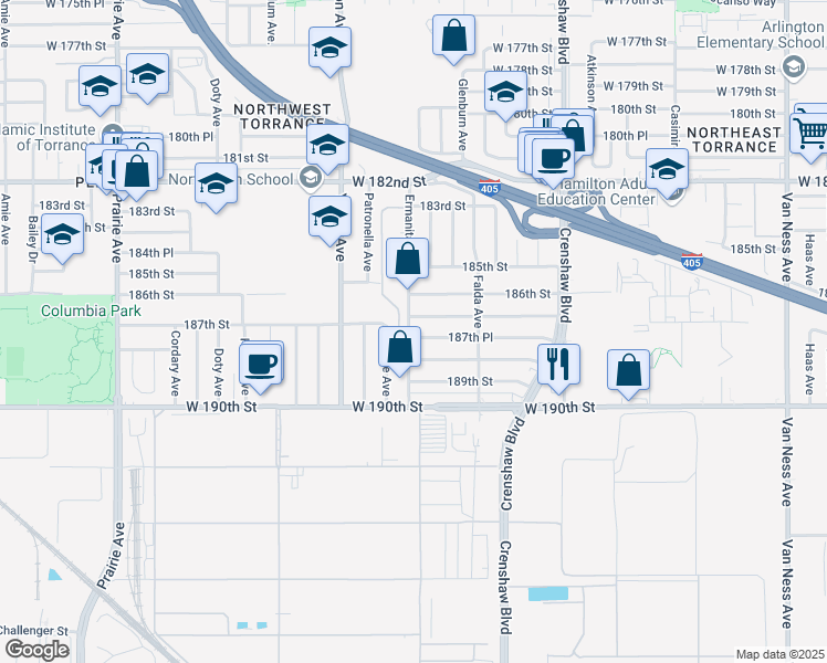map of restaurants, bars, coffee shops, grocery stores, and more near 3427 187th Street in Torrance