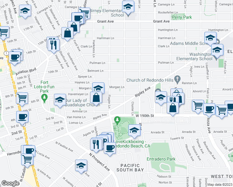 map of restaurants, bars, coffee shops, grocery stores, and more near 1911 Havemeyer Lane in Redondo Beach