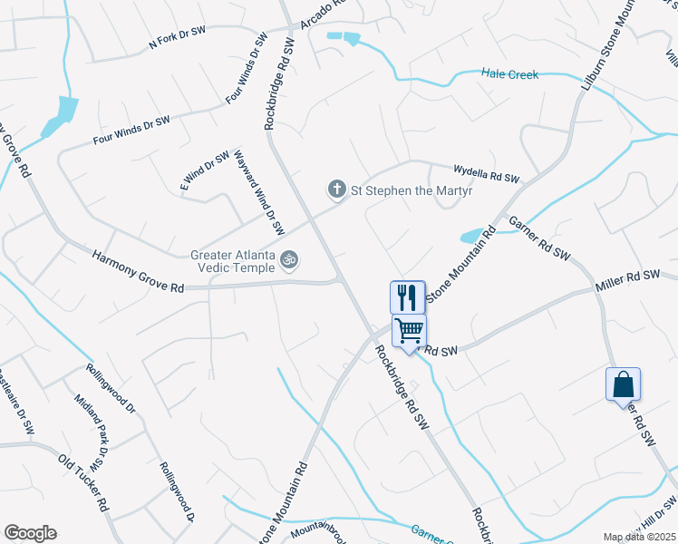 map of restaurants, bars, coffee shops, grocery stores, and more near 532 Rockbridge Road Southwest in Lilburn