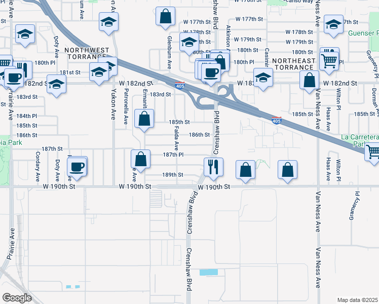 map of restaurants, bars, coffee shops, grocery stores, and more near 3226 187th Street in Torrance