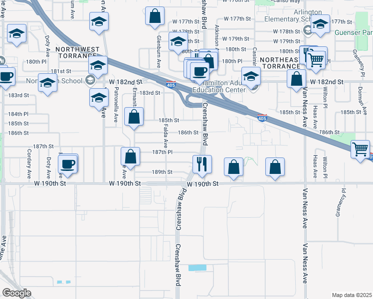 map of restaurants, bars, coffee shops, grocery stores, and more near 3133 187th Place in Torrance