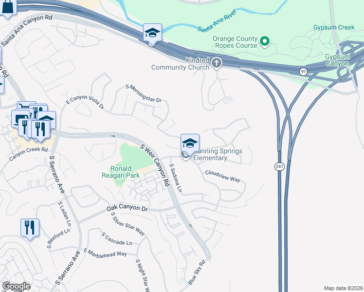 map of restaurants, bars, coffee shops, grocery stores, and more near 8695 East Sunnywalk Lane in Anaheim
