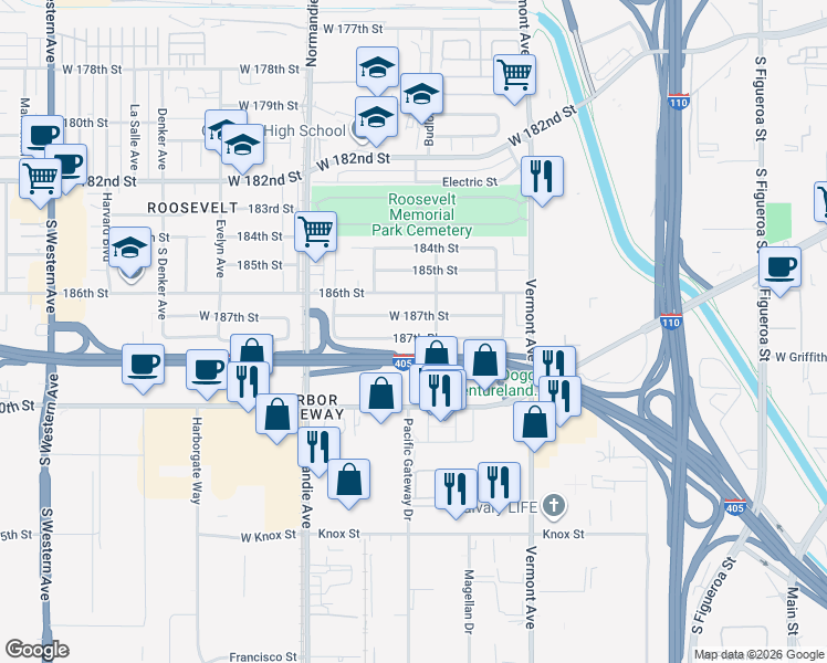 map of restaurants, bars, coffee shops, grocery stores, and more near 1223 187th Place in Gardena