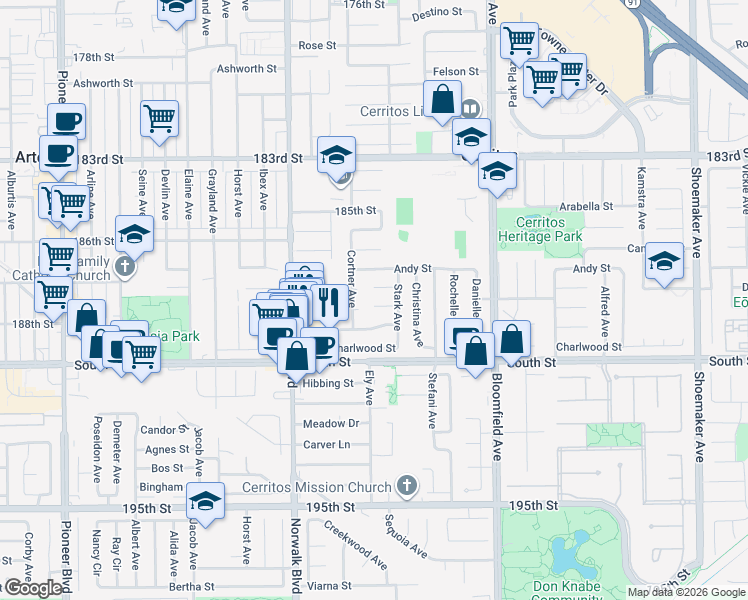 map of restaurants, bars, coffee shops, grocery stores, and more near 12361 Caravel Place in Cerritos
