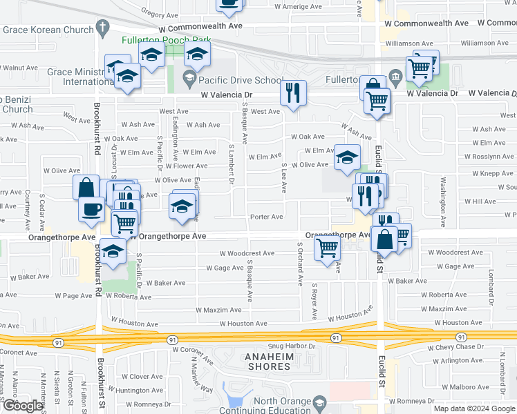 map of restaurants, bars, coffee shops, grocery stores, and more near 1342 West Hill Avenue in Fullerton