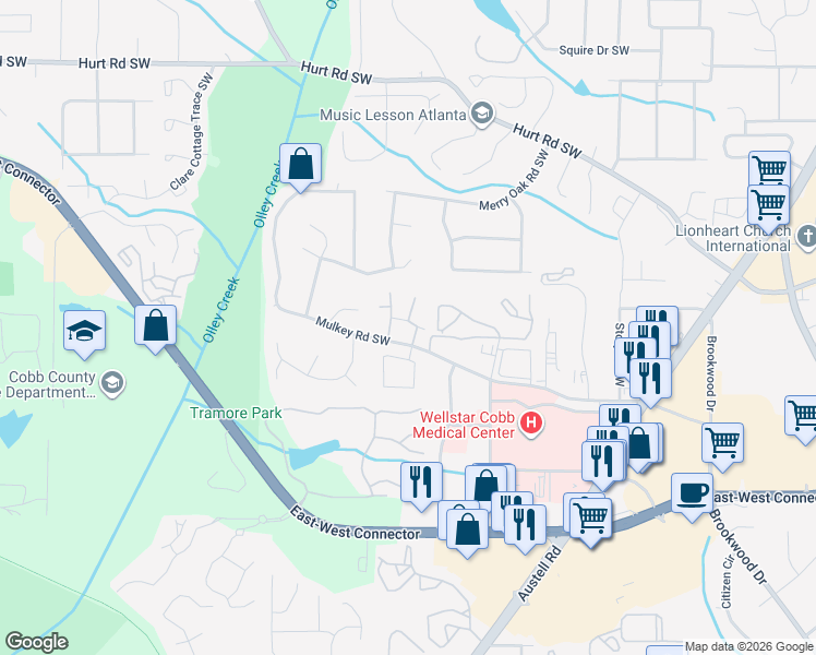 map of restaurants, bars, coffee shops, grocery stores, and more near 3767 Mulkey Circle Southwest in Austell