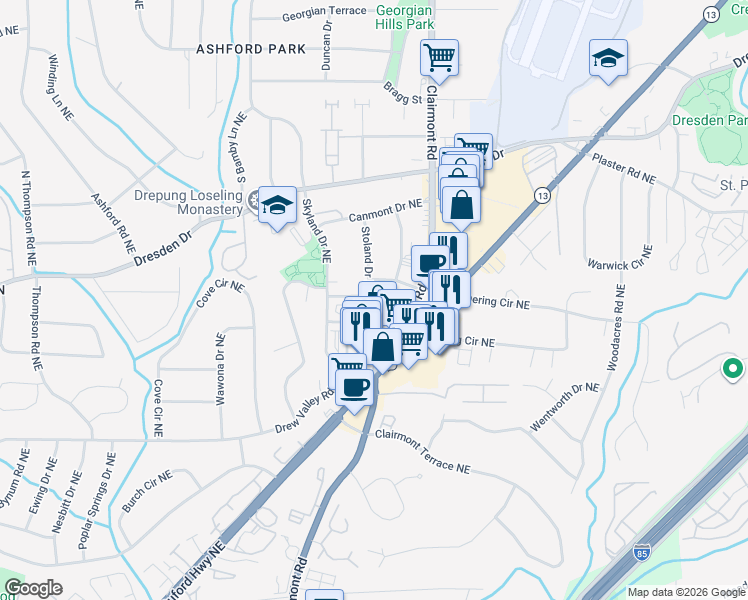 map of restaurants, bars, coffee shops, grocery stores, and more near 1964 Skyfall Circle in Brookhaven
