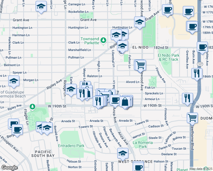 map of restaurants, bars, coffee shops, grocery stores, and more near 2412 Alvord Ln in Redondo Beach