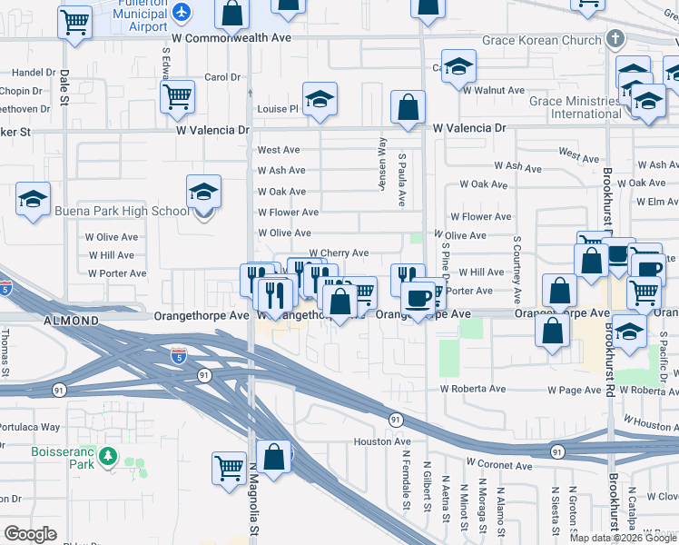 map of restaurants, bars, coffee shops, grocery stores, and more near 1013 Nicklett Avenue in Fullerton