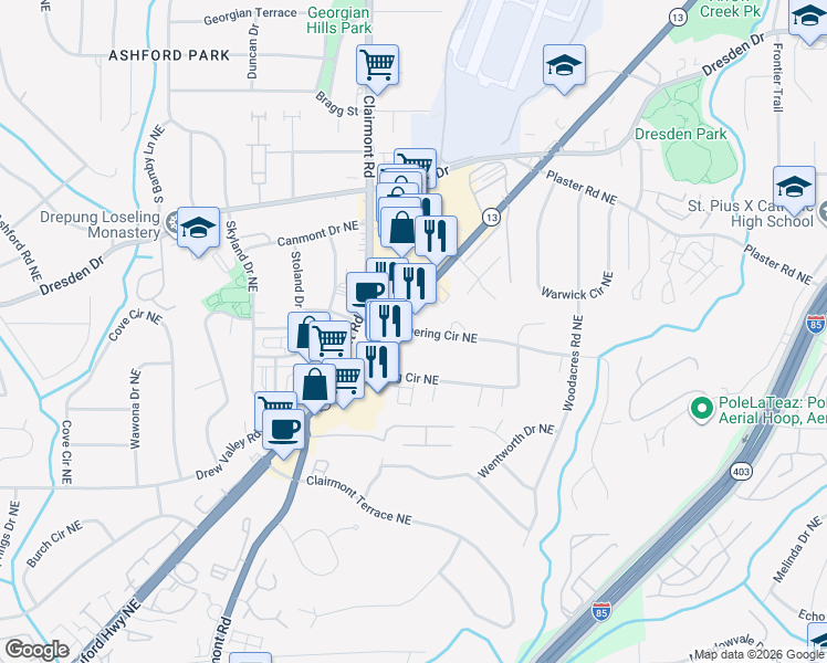 map of restaurants, bars, coffee shops, grocery stores, and more near 2216 Dering Cir NE in Atlanta