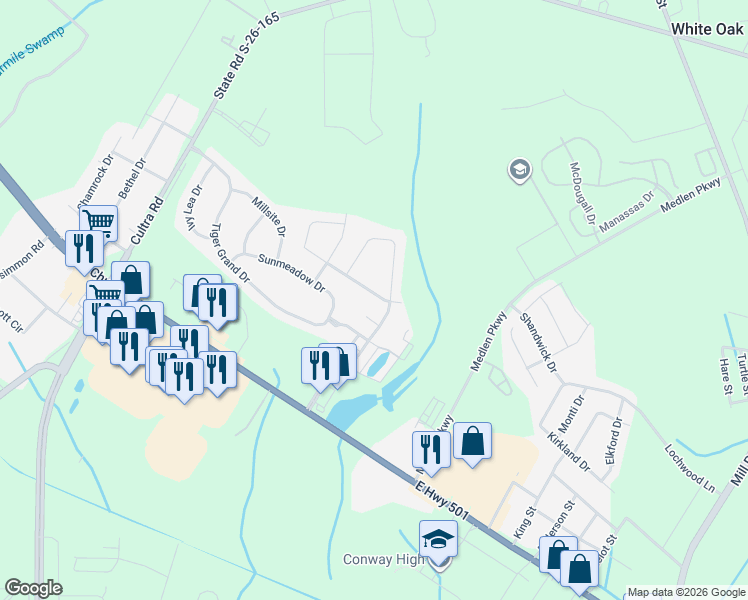 map of restaurants, bars, coffee shops, grocery stores, and more near 4224 Woodcliffe Drive in Conway