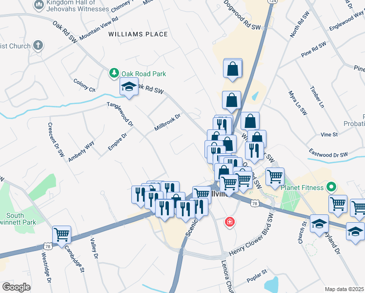 map of restaurants, bars, coffee shops, grocery stores, and more near 2133 Bird Lane Southwest in Snellville